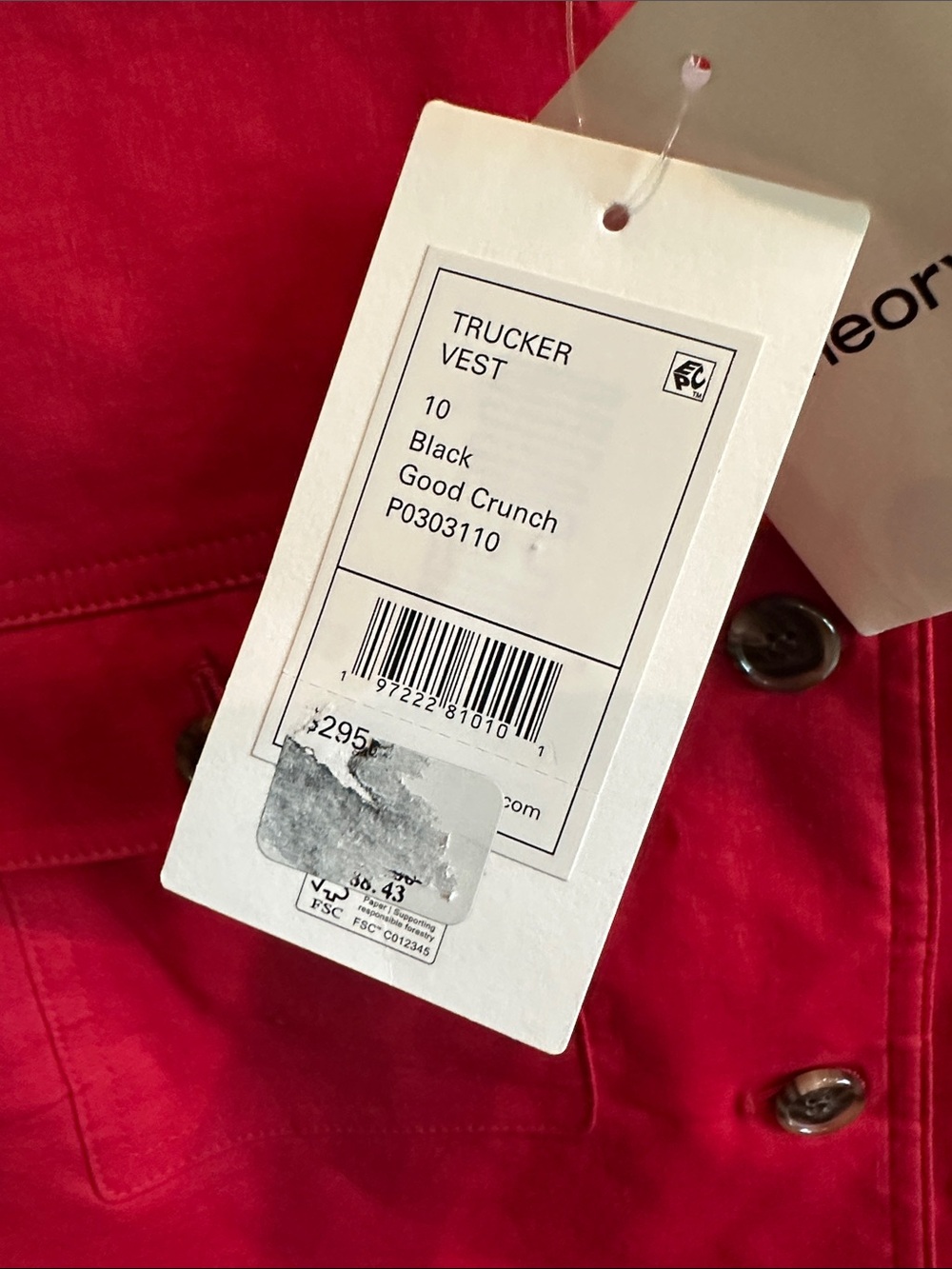 Theory Red Sleeveless Button Down Trucker  Vest - Picture 2 of 8